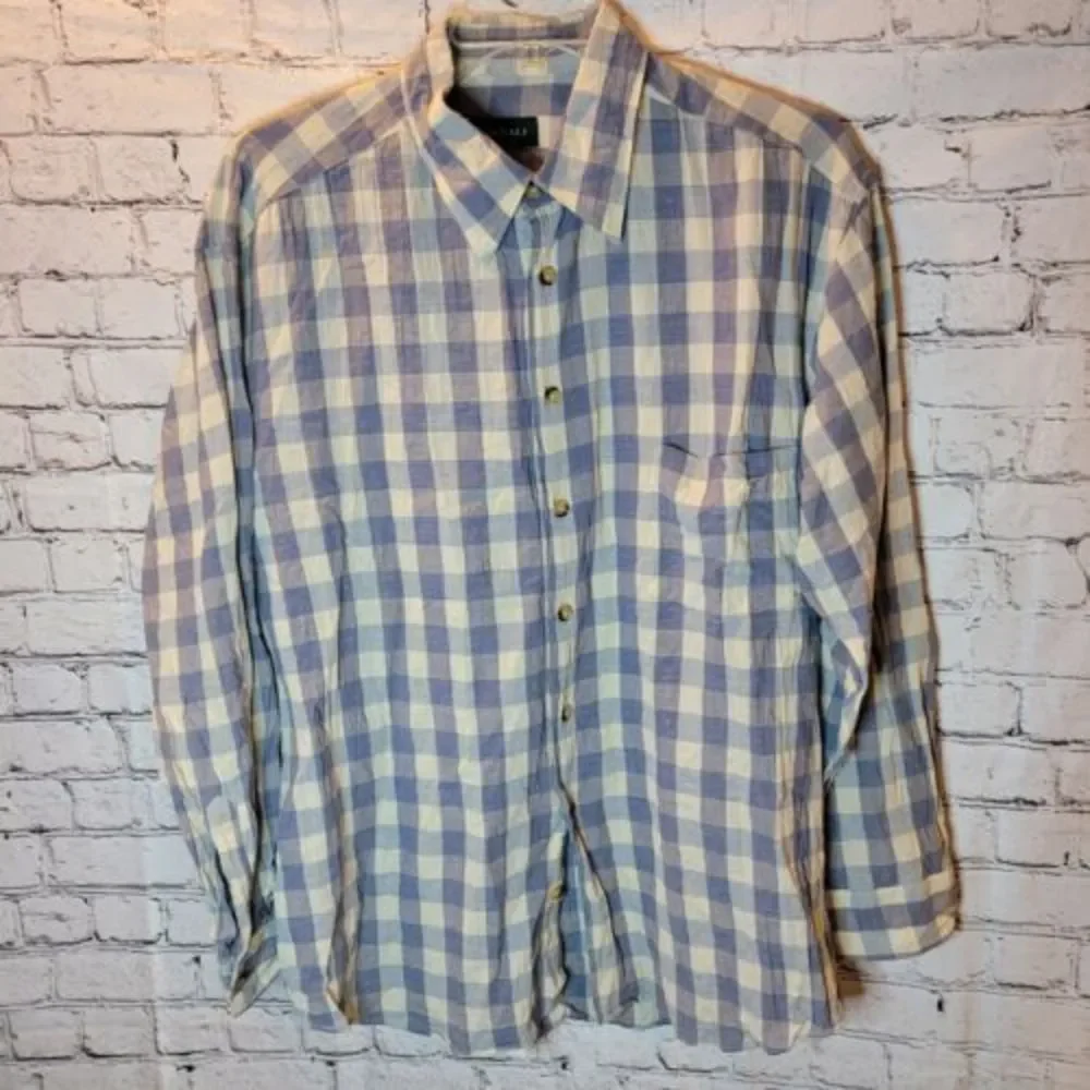Canali Button Down Shirt Mens‎ XL Blue Plaid Good Cotton Linen Made in Italy